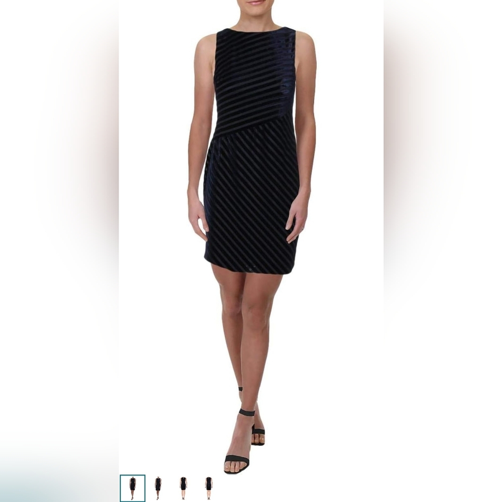 Ralph Lauren Mariandra Shadow-Stripe Velvet Sheath Dress - Navy